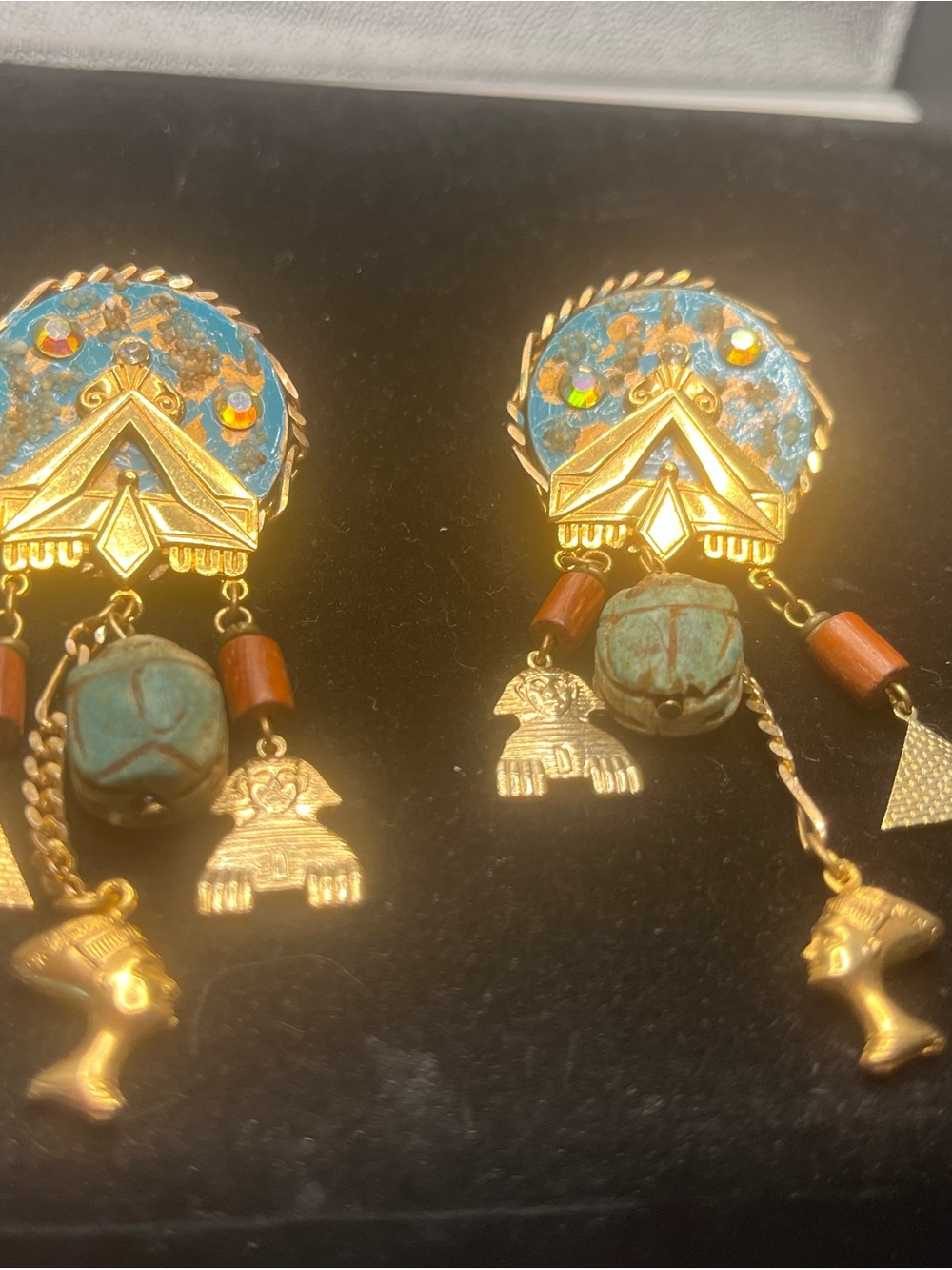Vintage Rare Egyptian Themed Scarabs Pyramids Colorful, Dangle, Post Earrings